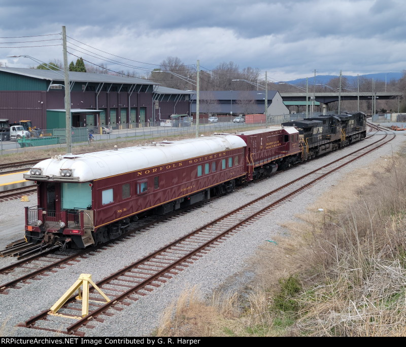 A rear 3/4 view of the NS research and test train